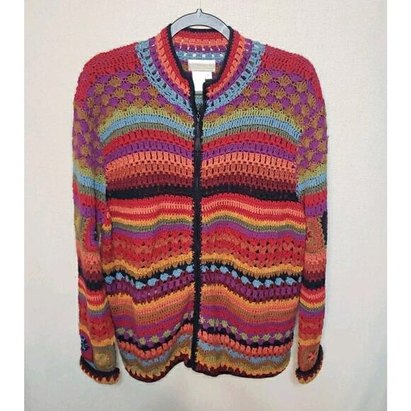 Vintage Y2K Coldwater Creek Crochet Cardigan Sweater Large Boho Granny Square - Picture 1 of 6
